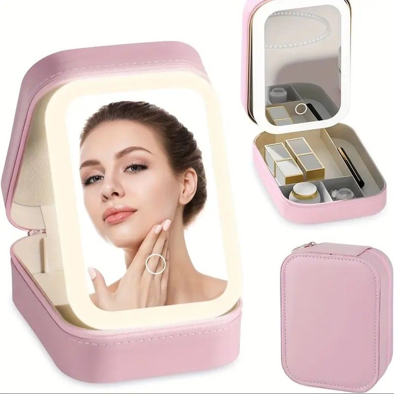 Portable 3-Light LED Makeup Mirror with Organizer – Travel Vanity Case, Rechargeable Touch Control Makeup Box for Home & Travel(pink) - Image 1