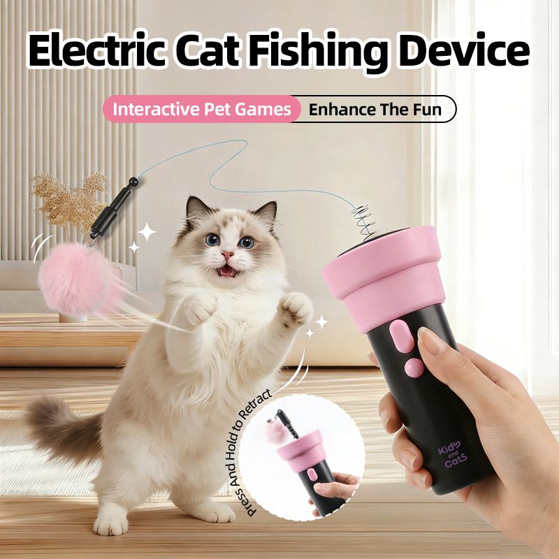 Electric Cat Fishing Wand Toy: One-Button Launch with Spring Retraction, the Perfect Stress-Relief Toy for Human-Pet Interaction/Black [gift battery *2+ replacement head *2+ screwdriver] - Image 1
