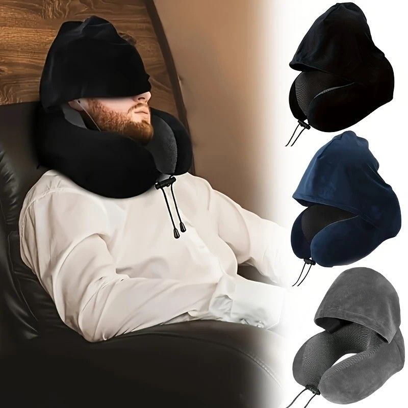 Outdoor Travel Car Pillow, 1pc Memory Foam Hooded U-shaped Neck Pillow, Washable, Neck Pillow with Hood.GREY - Image 3