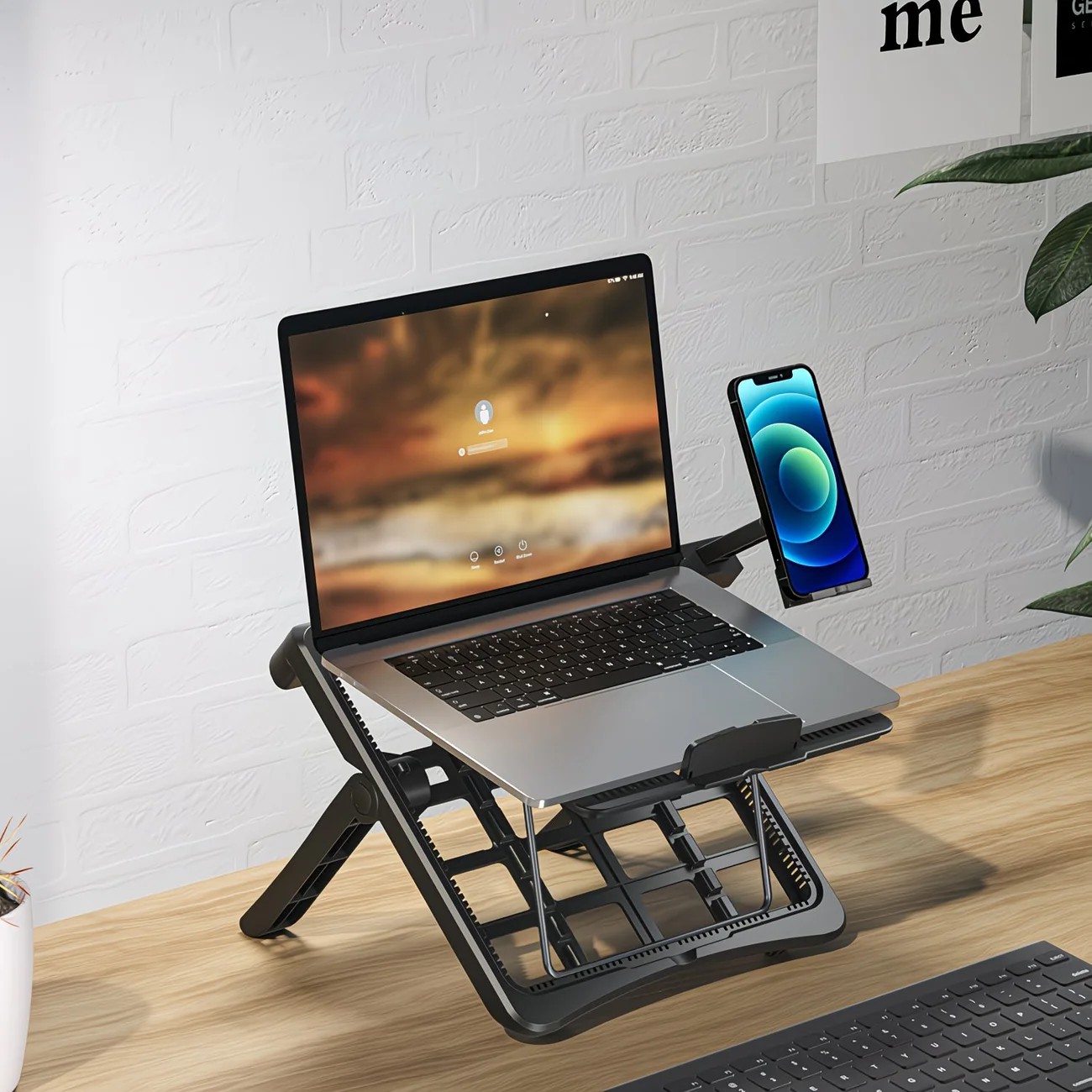 Adjustable laptop stand, designed for 17.3-inch laptops, a portable stand that allows for height adjustment on the desk, and comes with a dedicated phone holder. - Image 1