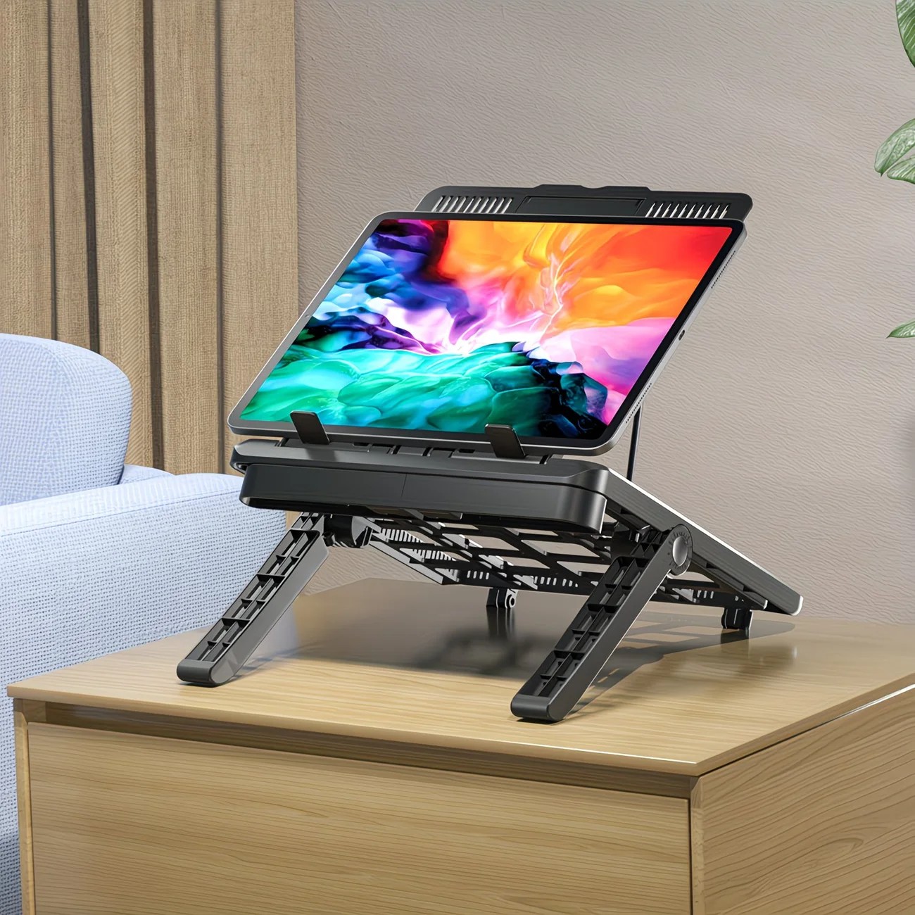 Adjustable laptop stand, designed for 17.3-inch laptops, a portable stand that allows for height adjustment on the desk, and comes with a dedicated phone holder. - Image 4