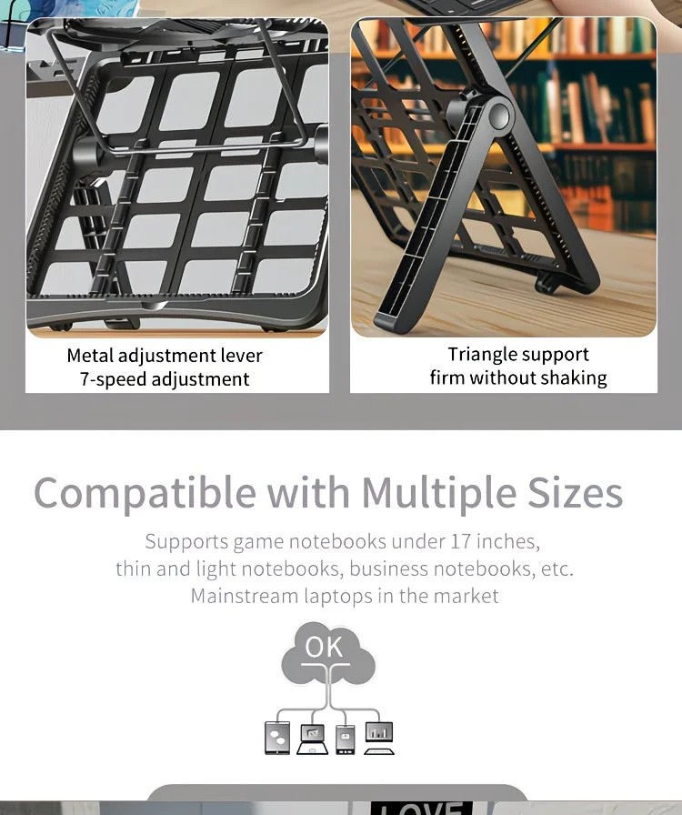 Adjustable laptop stand, designed for 17.3-inch laptops, a portable stand that allows for height adjustment on the desk, and comes with a dedicated phone holder. - Image 8