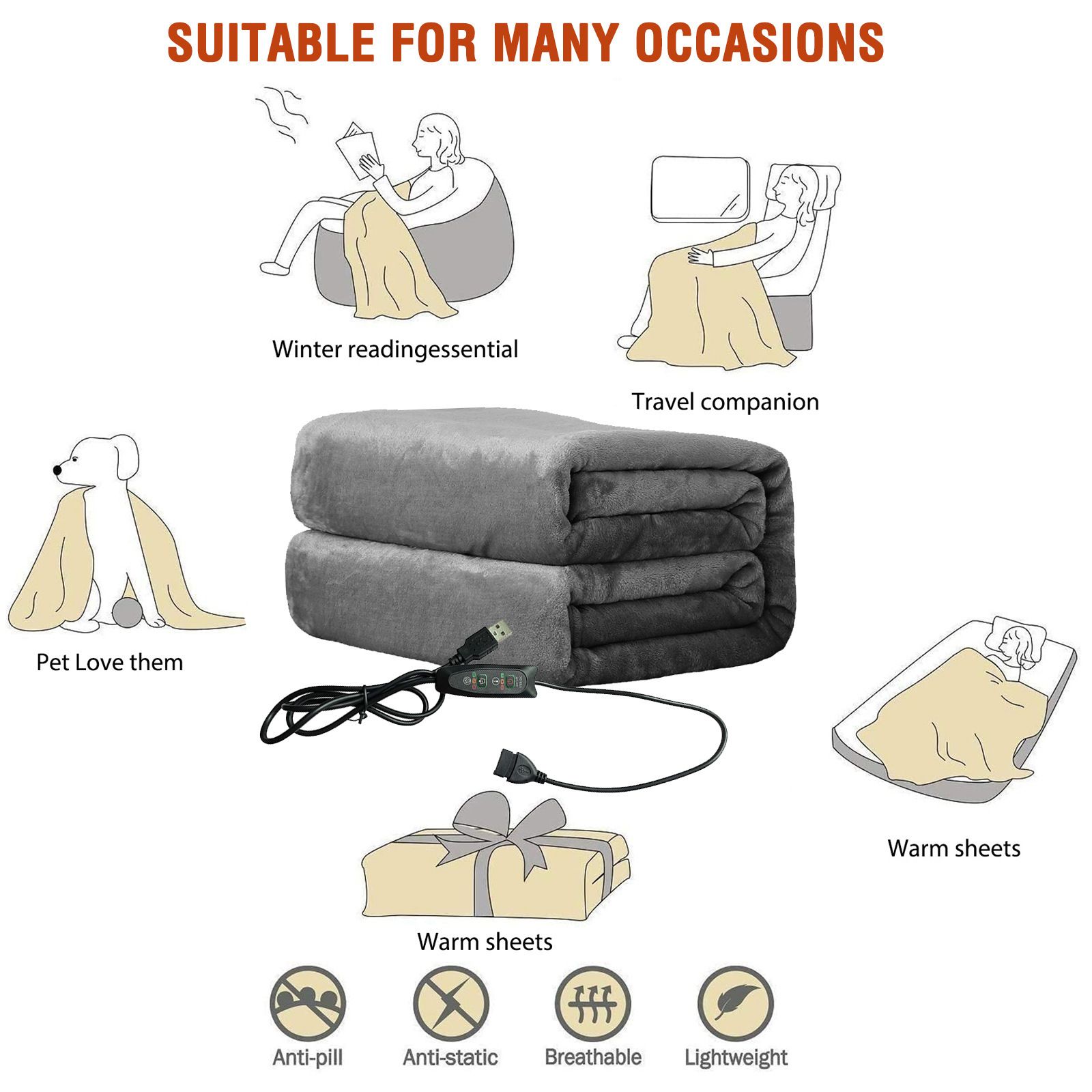3-Setting Electric Heating Shawl | USB Rapid Warming, Portable & Machine Washable, Multifunctional Warming Blanket for Home, Office & Travel - Image 8
