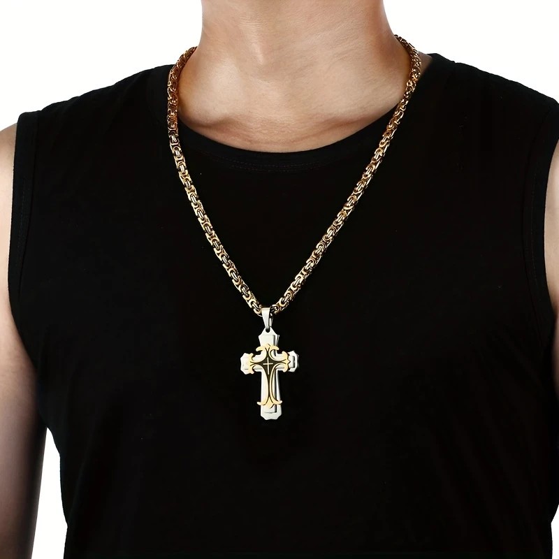 golden Men's Vintage Flat Handmade Necklace with Multi-layered Stainless Steel Pendant Jewelry Accessory. - Image 3