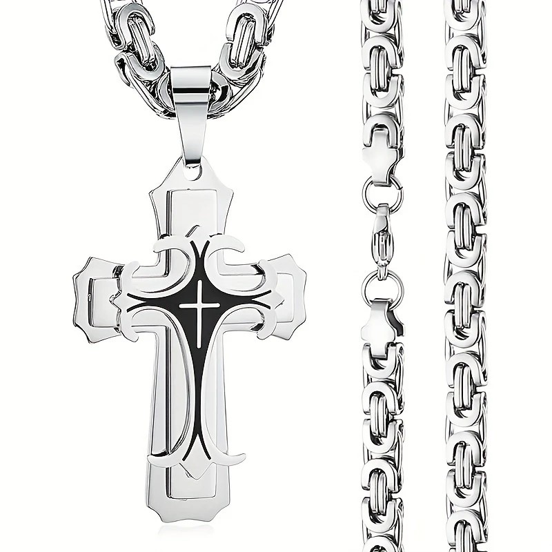 silver  Men's Vintage Flat Handmade Necklace with Multi-layered Stainless Steel Pendant Jewelry Accessory. - Image 2