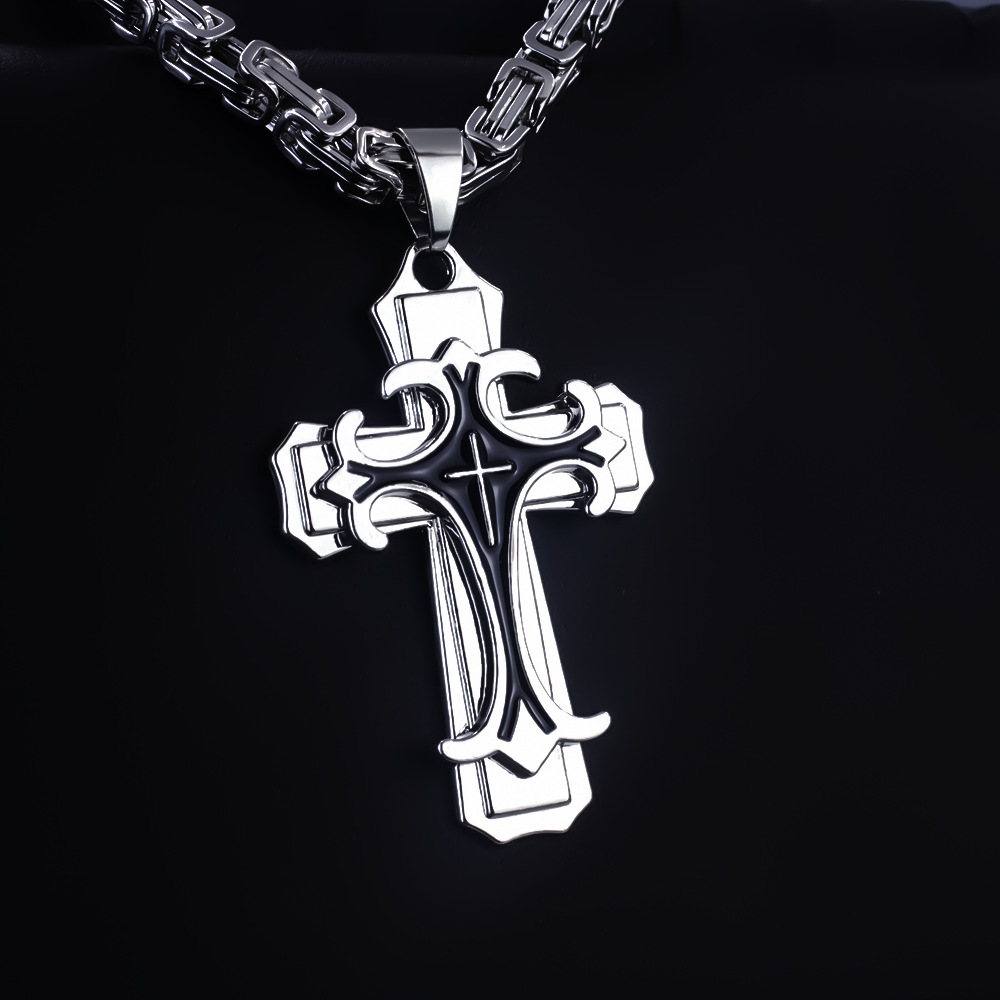 silver  Men's Vintage Flat Handmade Necklace with Multi-layered Stainless Steel Pendant Jewelry Accessory. - Image 4