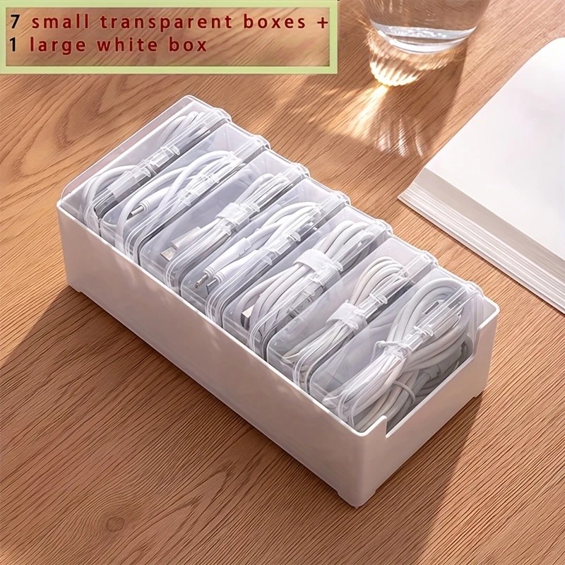 Transparent cable organizer, 7 small + 1 large combo design. Lightweight and durable, stores data cables and chargers, keeps desktop tidy. Ideal storage solution for both home and office. - Image 1