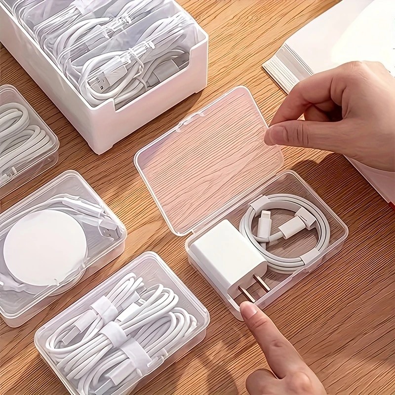 Transparent cable organizer, 7 small + 1 large combo design. Lightweight and durable, stores data cables and chargers, keeps desktop tidy. Ideal storage solution for both home and office. - Image 3