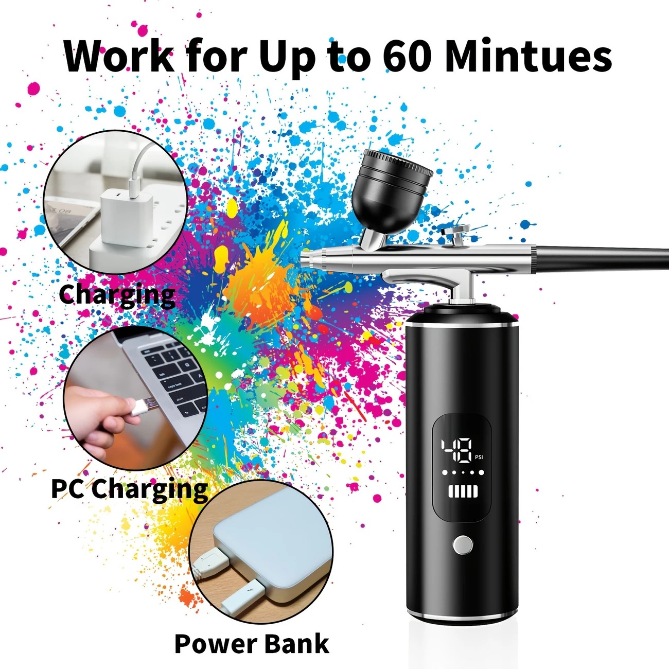 Black Portable Wireless Airbrush Kit, ideal for nail art, painting, cake decoration, and makeup. Rechargeable design, perfect for both amateurs and professionals. - Image 2
