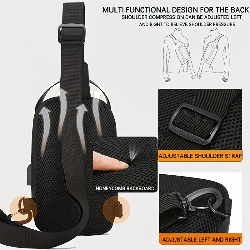 Honeycomb breathable men's chest bag: USB charging and password lock for safety and convenience, M/L sizes available, adjustable shoulder strap for pressure relief, essential item for travel.(black money,L) - Image 8