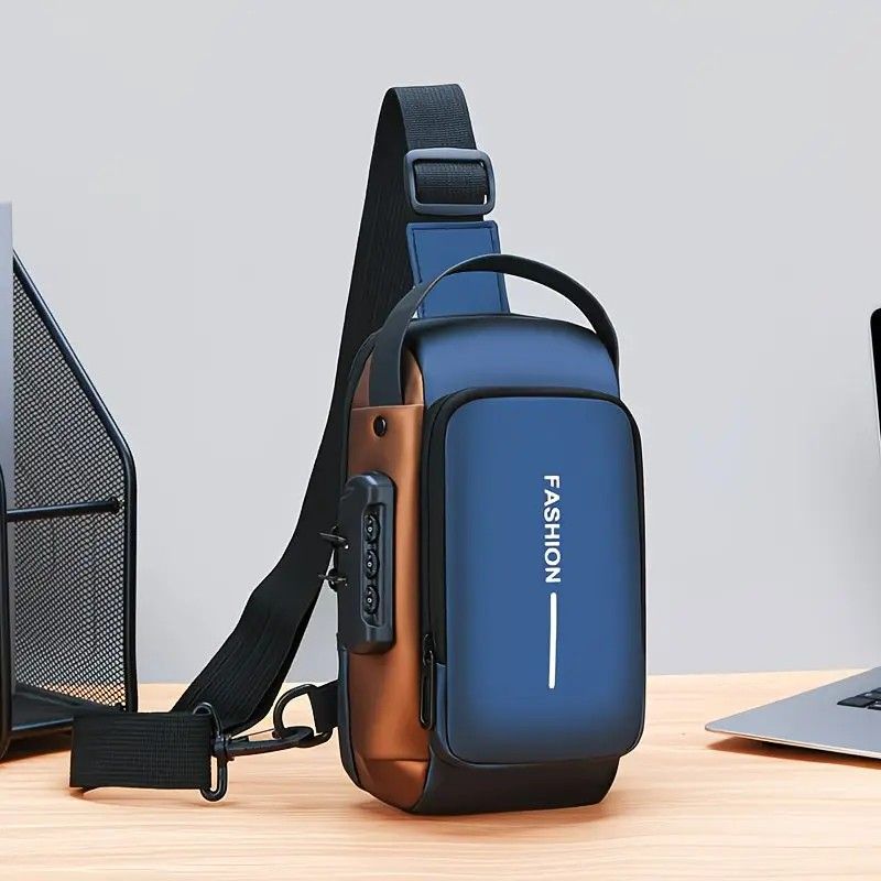 Honeycomb breathable men's chest bag: USB charging and password lock for safety and convenience, M/L sizes available, adjustable shoulder strap for pressure relief, essential item for travel.(Lanjin,M) - Image 1