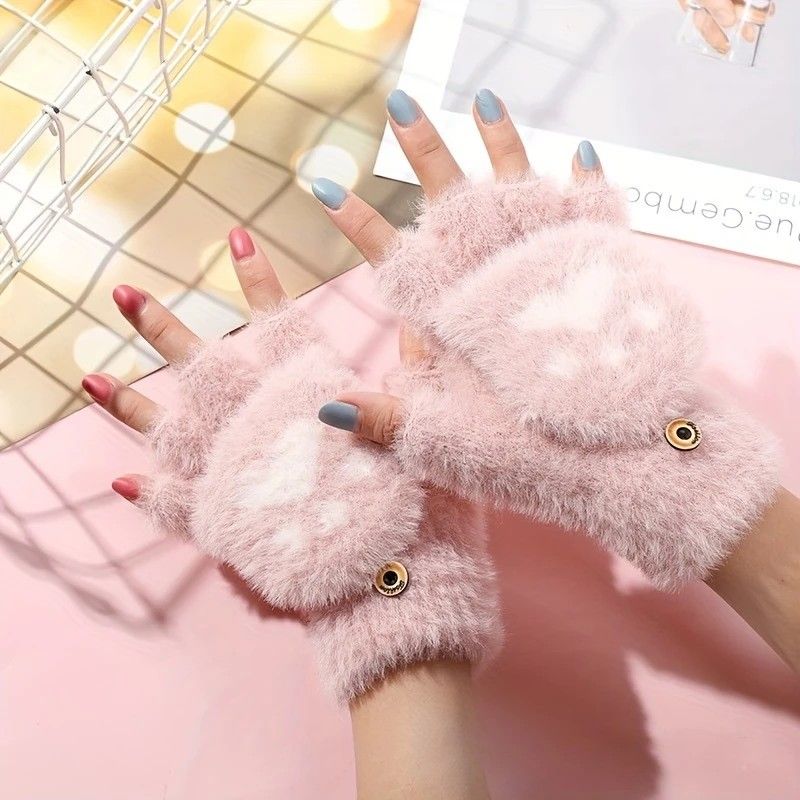 Faux Mink Fingerless Fleece-Lined Warm Gloves – Practical for Autumn/Winter, Heart Design with High-Elastic Cuff, Ideal for Office Use and Daily Hand Warmth.(pink) - Image 2