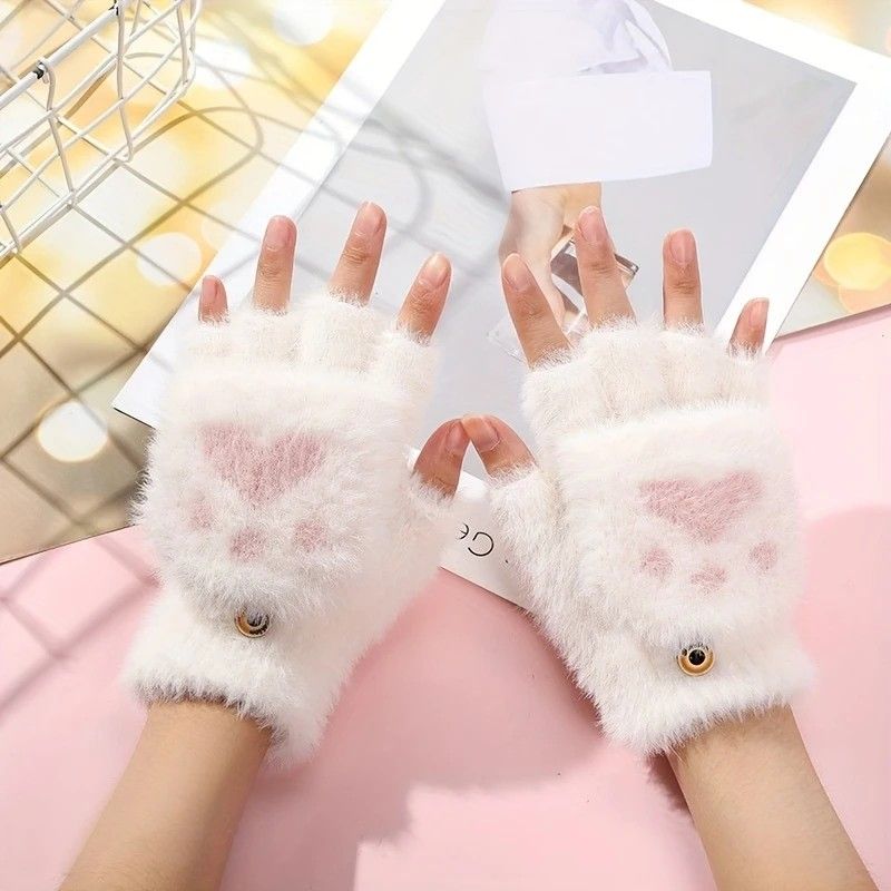 Faux Mink Fingerless Fleece-Lined Warm Gloves – Practical for Autumn/Winter, Heart Design with High-Elastic Cuff, Ideal for Office Use and Daily Hand Warmth.(white) - Image 2