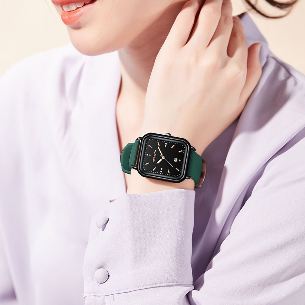 Elegant Retro Preppy Style Women's Quartz Watch - Square Black Dial with Pink Silicone Strap, Zinc Alloy Case, Non-Rechargeable Battery/GREEN - Image 2
