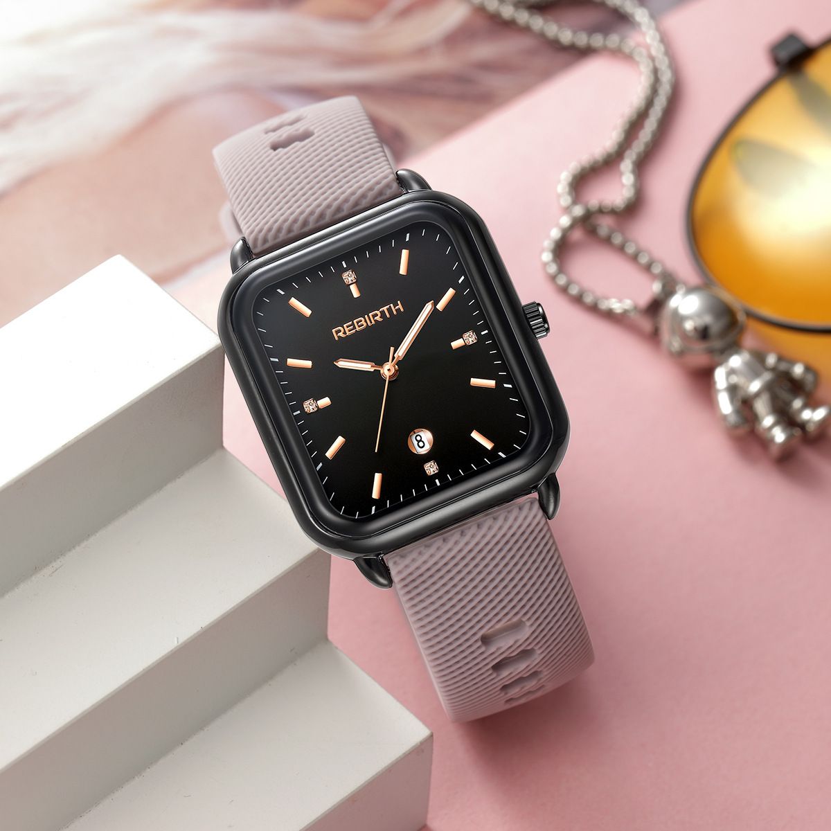 Elegant Retro Preppy Style Women's Quartz Watch - Square Black Dial with Pink Silicone Strap, Zinc Alloy Case, Non-Rechargeable Battery/purple - Image 1