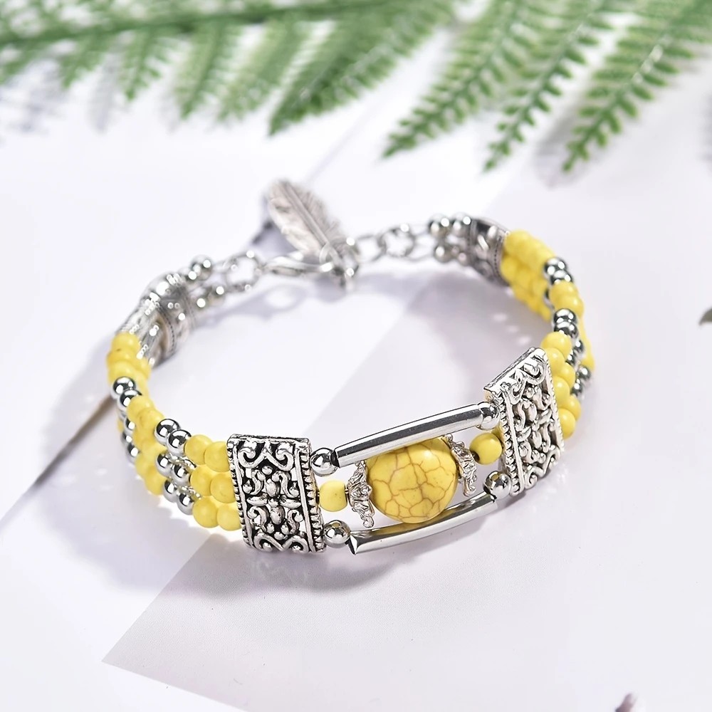 2PCS Ethnic-style Vintage Open Bracelet, Turquoise Beads with Silver Carved Accents, Bohemian Exotic Charm, a Personalized Accessory for Daily and Travel Wear.Yellow - Image 1