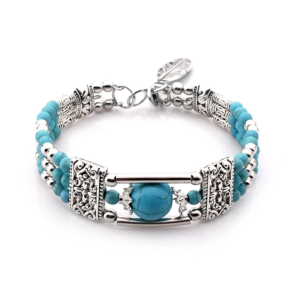 2pcs Ethnic-style Vintage Open Bracelet, Turquoise Beads with Silver Carved Accents, Bohemian Exotic Charm, a Personalized Accessory for Daily and Travel Wear.blue - Image 1