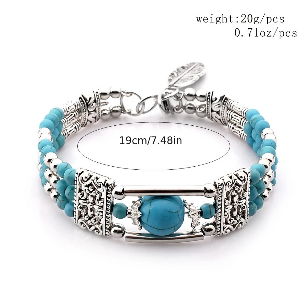 2pcs Ethnic-style Vintage Open Bracelet, Turquoise Beads with Silver Carved Accents, Bohemian Exotic Charm, a Personalized Accessory for Daily and Travel Wear.blue - Image 2
