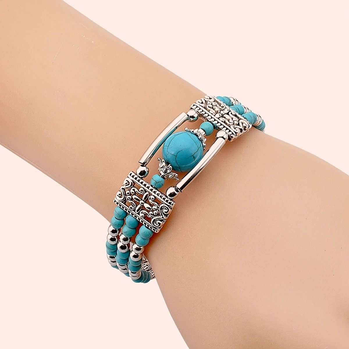 2pcs Ethnic-style Vintage Open Bracelet, Turquoise Beads with Silver Carved Accents, Bohemian Exotic Charm, a Personalized Accessory for Daily and Travel Wear.blue - Image 3