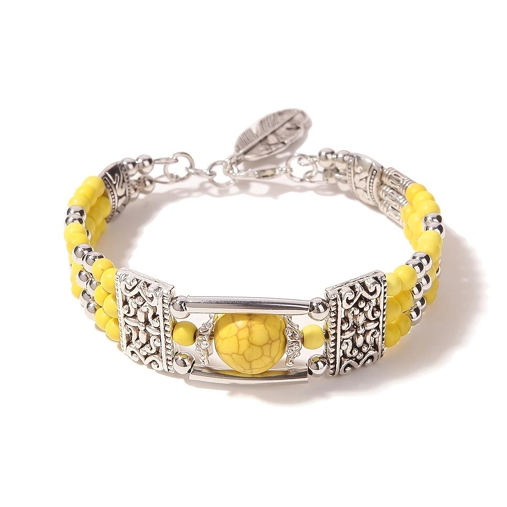 2pcs Ethnic-style Vintage Open Bracelet, Turquoise Beads with Silver Carved Accents, Bohemian Exotic Charm, a Personalized Accessory for Daily and Travel Wear.Rose - Image 2
