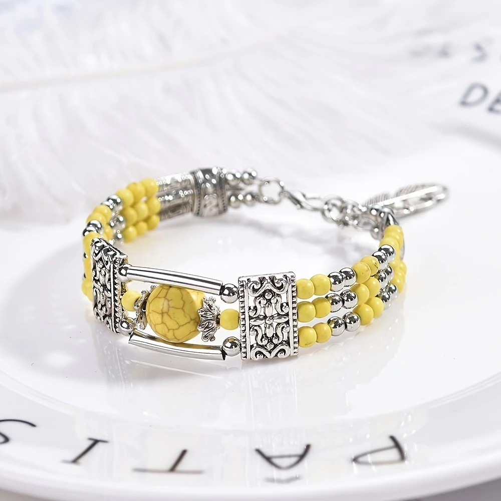 2pcs Ethnic-style Vintage Open Bracelet, Turquoise Beads with Silver Carved Accents, Bohemian Exotic Charm, a Personalized Accessory for Daily and Travel Wear.Rose - Image 3