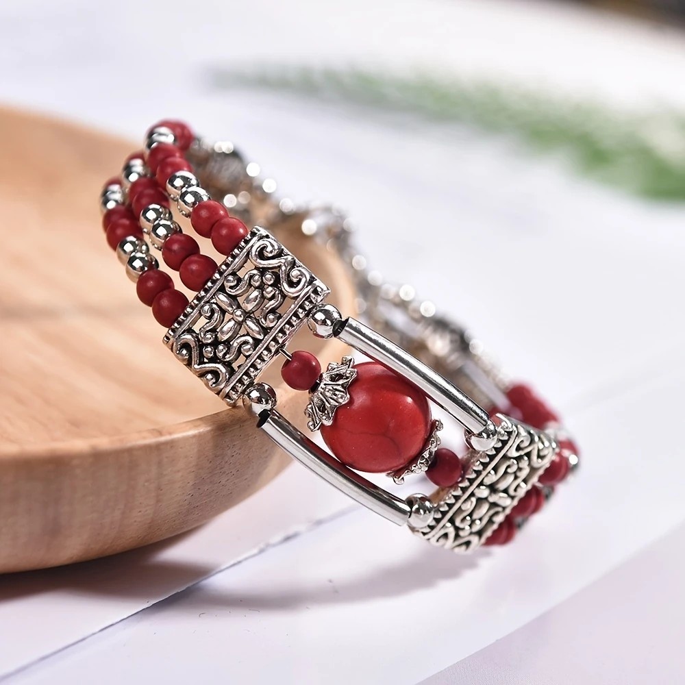 2pcs Ethnic-style Vintage Open Bracelet, Turquoise Beads with Silver Carved Accents, Bohemian Exotic Charm, a Personalized Accessory for Daily and Travel Wear.Rose - Image 7