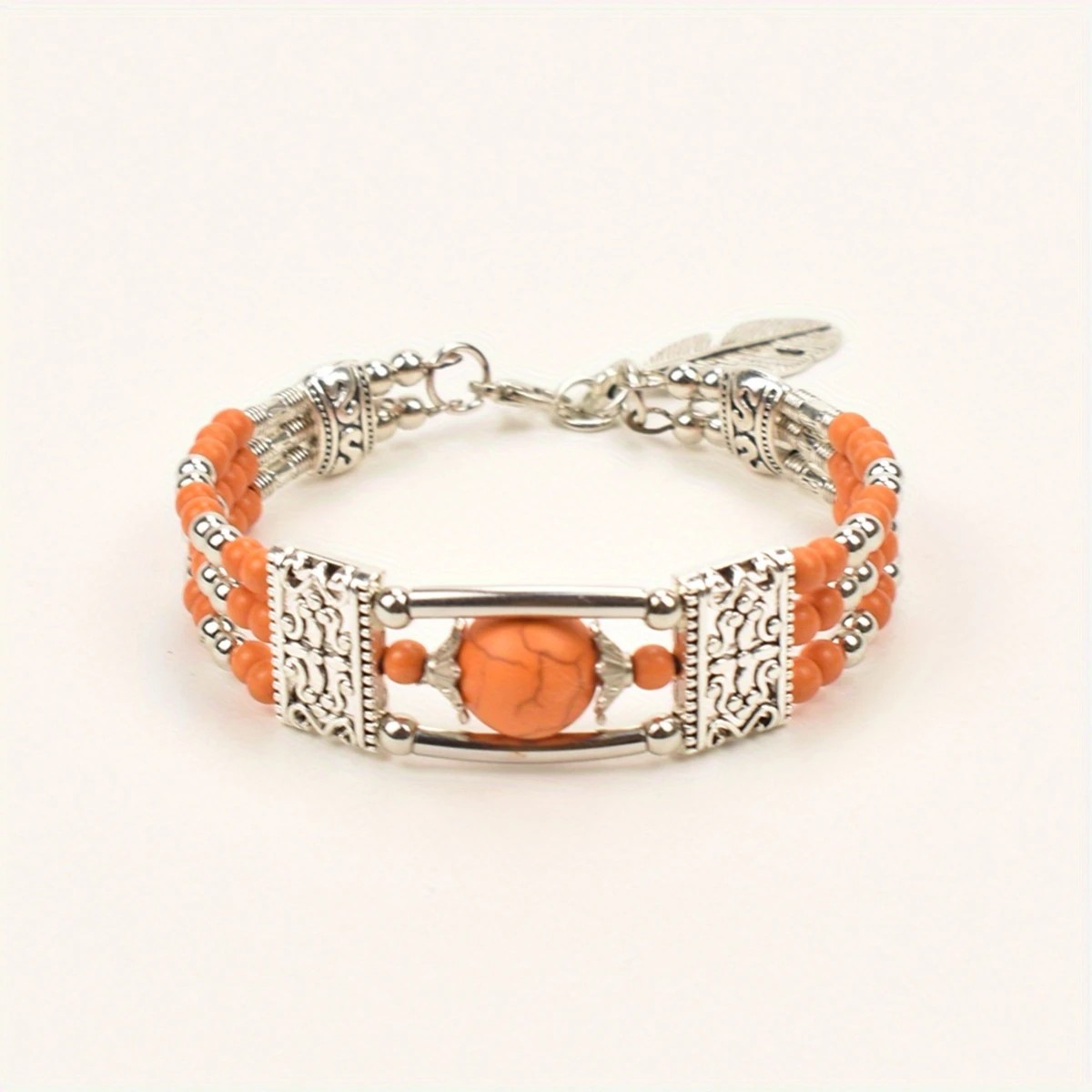 2pcs Ethnic-style Vintage Open Bracelet, Turquoise Beads with Silver Carved Accents, Bohemian Exotic Charm, a Personalized Accessory for Daily and Travel Wear.Rose - Image 8
