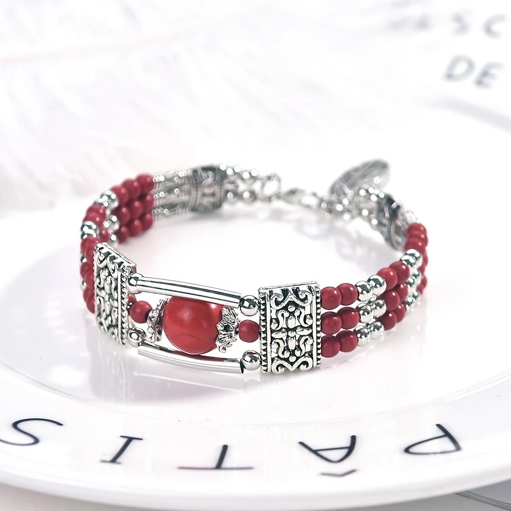 2pcs Ethnic-style Vintage Open Bracelet, Turquoise Beads with Silver Carved Accents, Bohemian Exotic Charm, a Personalized Accessory for Daily and Travel Wear.black - Image 4