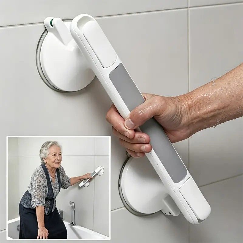 Drill-free Suction Cup Safety Grab Bar – Dual Suction Cup Vacuum Adsorption, Load Capacity 120kg, Red and Green Indicator Light for Visual Safety, Anti-slip Handle for Multi-scenario Use - Image 1
