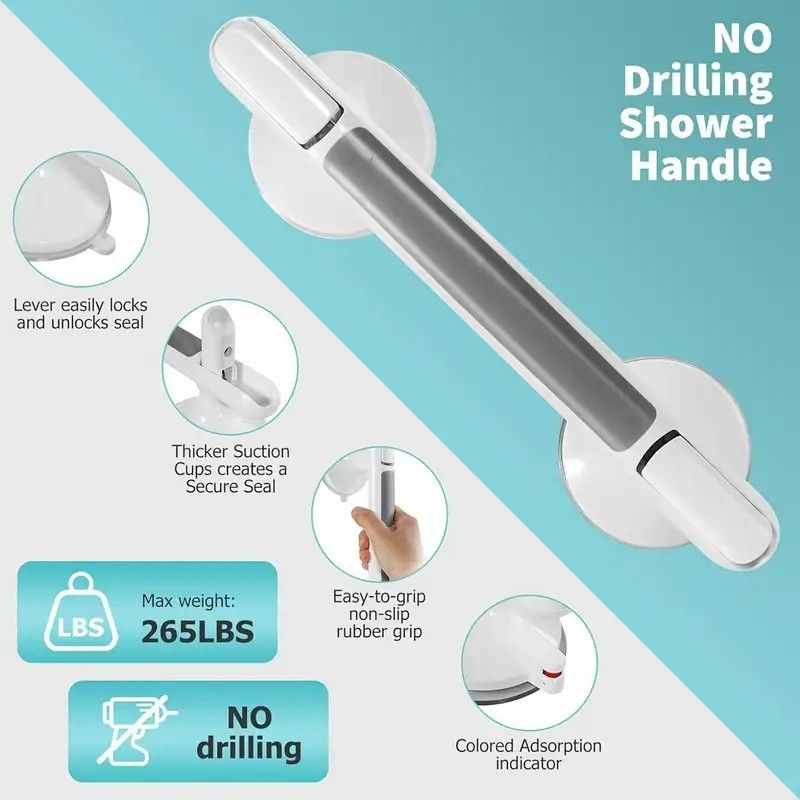 Drill-free Suction Cup Safety Grab Bar – Dual Suction Cup Vacuum Adsorption, Load Capacity 120kg, Red and Green Indicator Light for Visual Safety, Anti-slip Handle for Multi-scenario Use - Image 3
