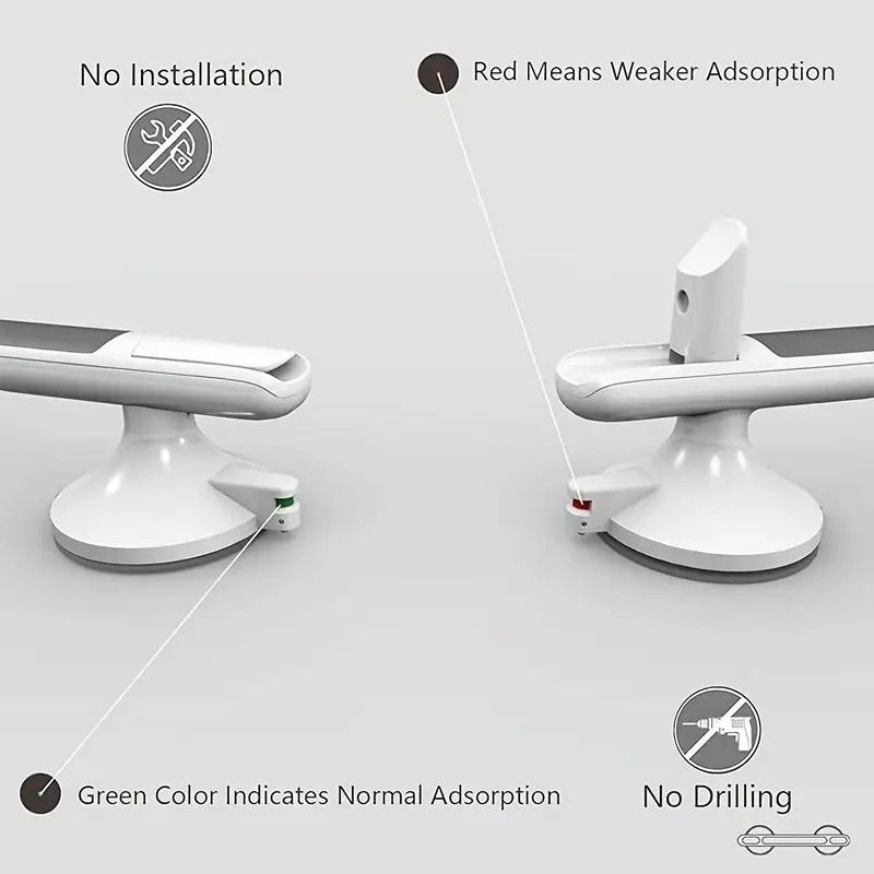 Drill-free Suction Cup Safety Grab Bar – Dual Suction Cup Vacuum Adsorption, Load Capacity 120kg, Red and Green Indicator Light for Visual Safety, Anti-slip Handle for Multi-scenario Use - Image 7