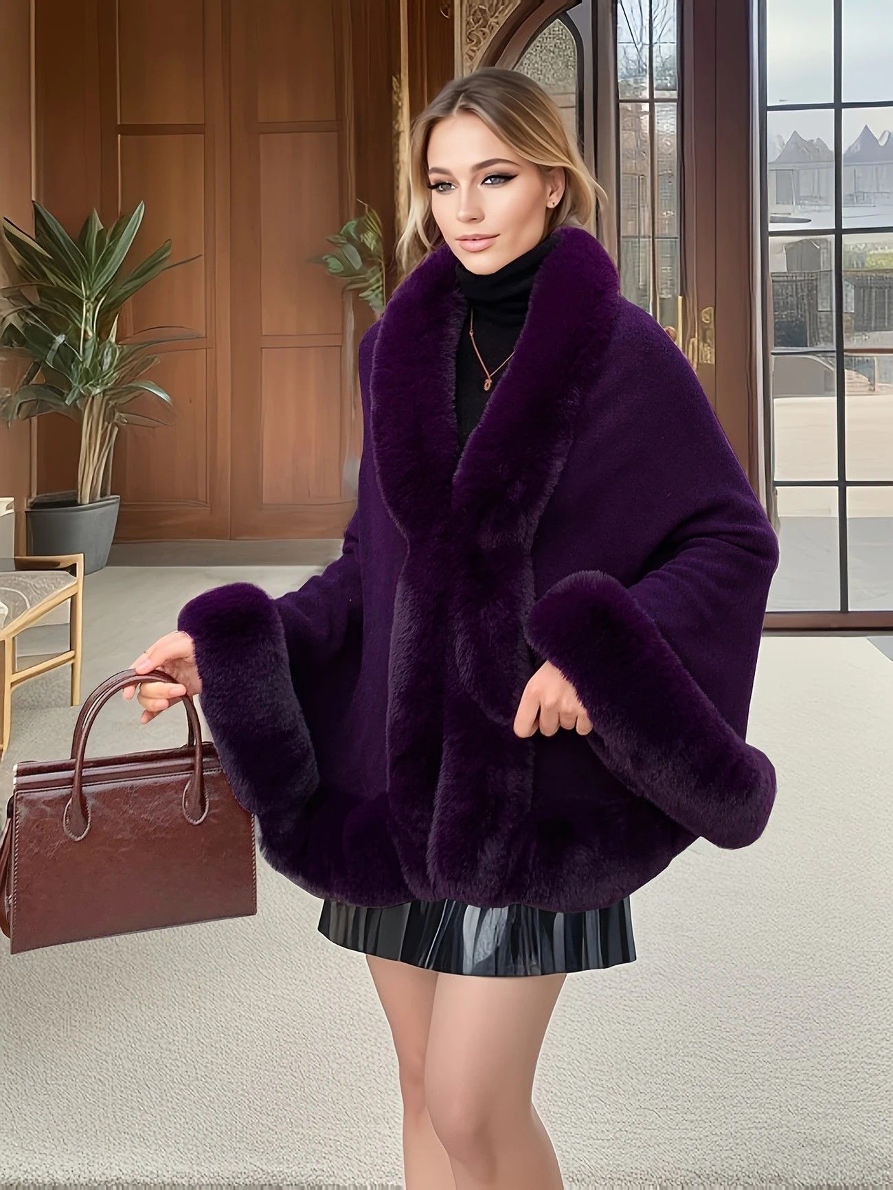 Imitation Mink Collar Knit Shawl: Autumn/Winter Retro Cape, Elegant, Versatile, and Flattering（purple） - Image 1