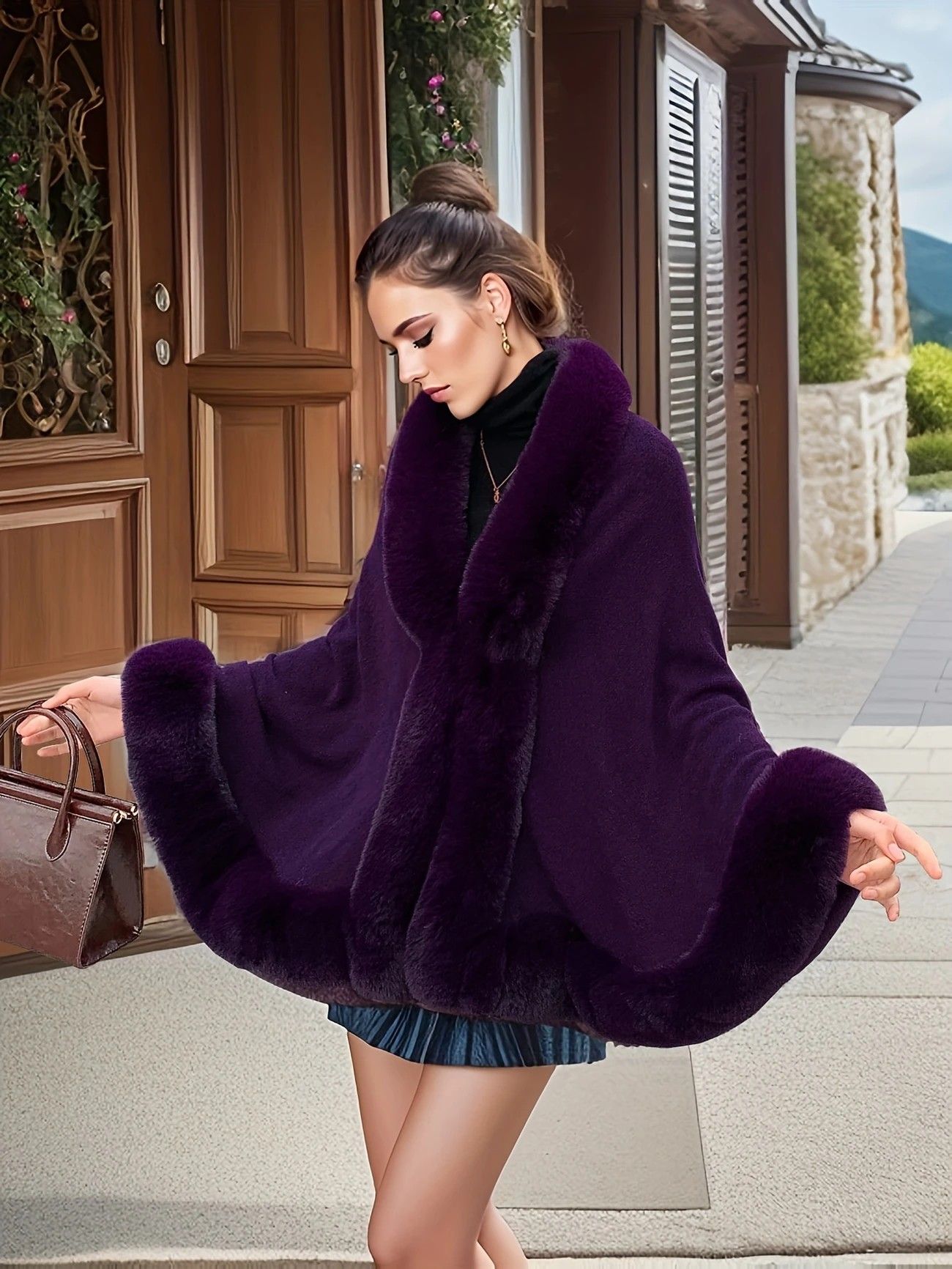 Imitation Mink Collar Knit Shawl: Autumn/Winter Retro Cape, Elegant, Versatile, and Flattering（purple） - Image 2