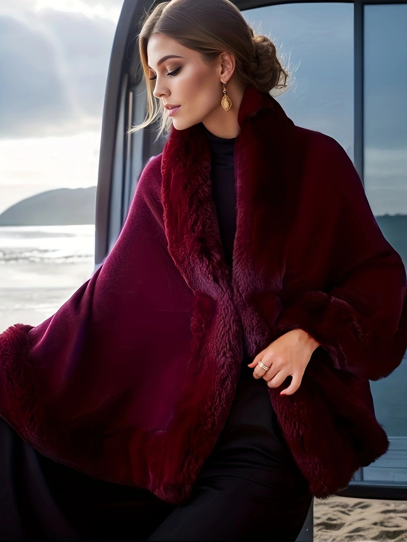 Imitation Mink Collar Knit Shawl: Autumn/Winter Retro Cape, Elegant, Versatile, and Flattering（purple） - Image 6