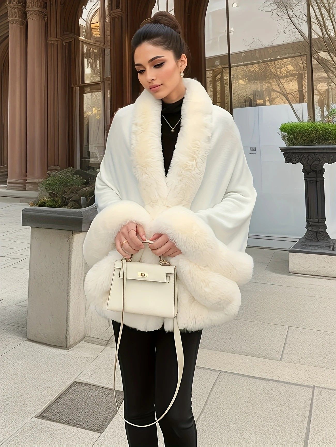 Imitation Mink Collar Knit Shawl: Autumn/Winter Retro Cape, Elegant, Versatile, and Flattering(WHITE) - Image 1