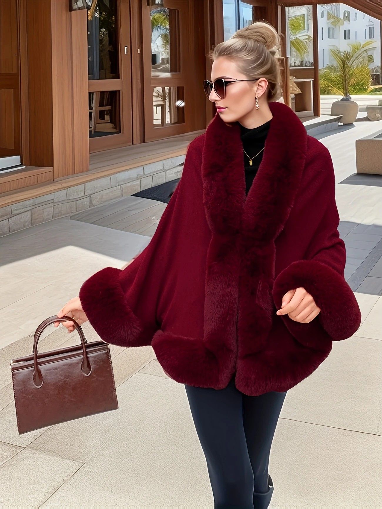 Imitation Mink Collar Knit Shawl: Autumn/Winter Retro Cape, Elegant, Versatile, and Flattering。（claret-red） - Image 2