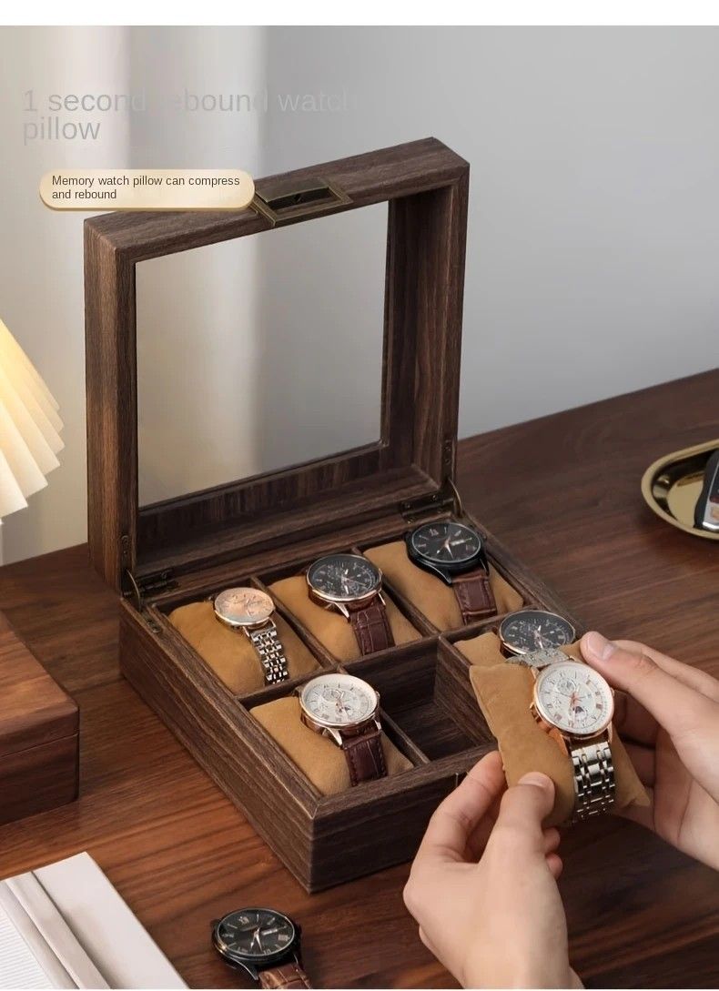Wood Grain Faux Leather Watch Storage Box - 6-Compartment Dustproof Display Case, Soft Lined Interior, Hinged Flip-Top Lid, Suitable for Home and Retail Use, Decorative Storage Box - Image 2