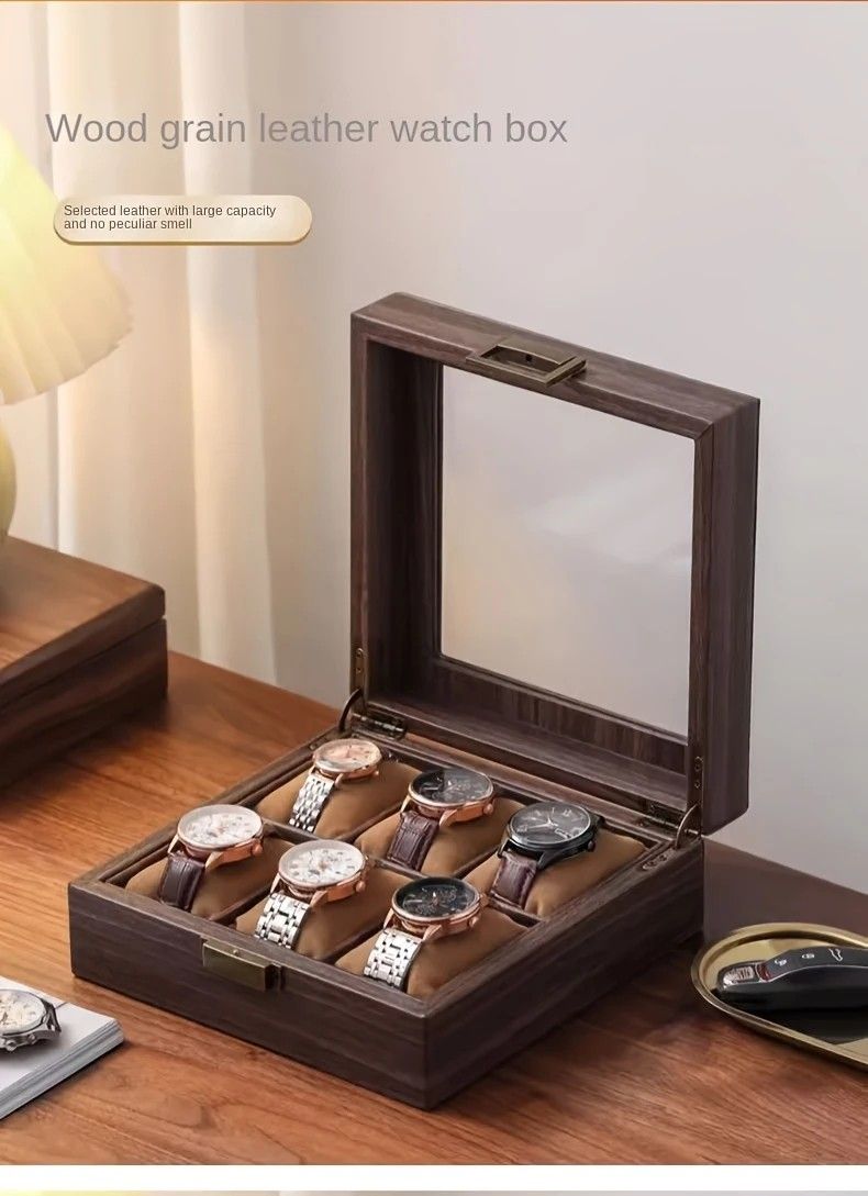 Wood Grain Faux Leather Watch Storage Box - 6-Compartment Dustproof Display Case, Soft Lined Interior, Hinged Flip-Top Lid, Suitable for Home and Retail Use, Decorative Storage Box - Image 3
