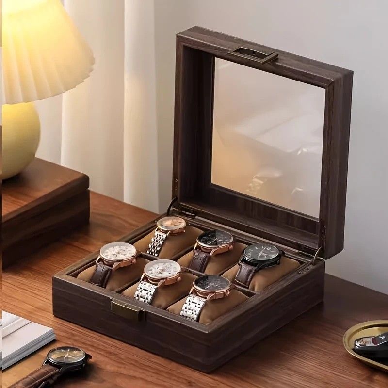 Wood Grain Faux Leather Watch Storage Box - 6-Compartment Dustproof Display Case, Soft Lined Interior, Hinged Flip-Top Lid, Suitable for Home and Retail Use, Decorative Storage Box - Image 4