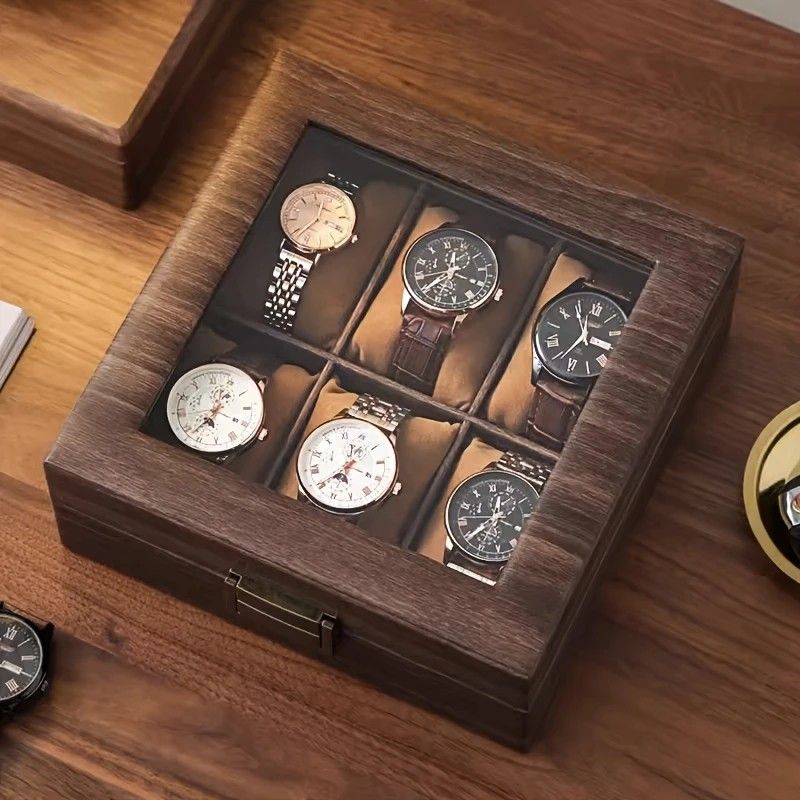 Wood Grain Faux Leather Watch Storage Box - 6-Compartment Dustproof Display Case, Soft Lined Interior, Hinged Flip-Top Lid, Suitable for Home and Retail Use, Decorative Storage Box - Image 6