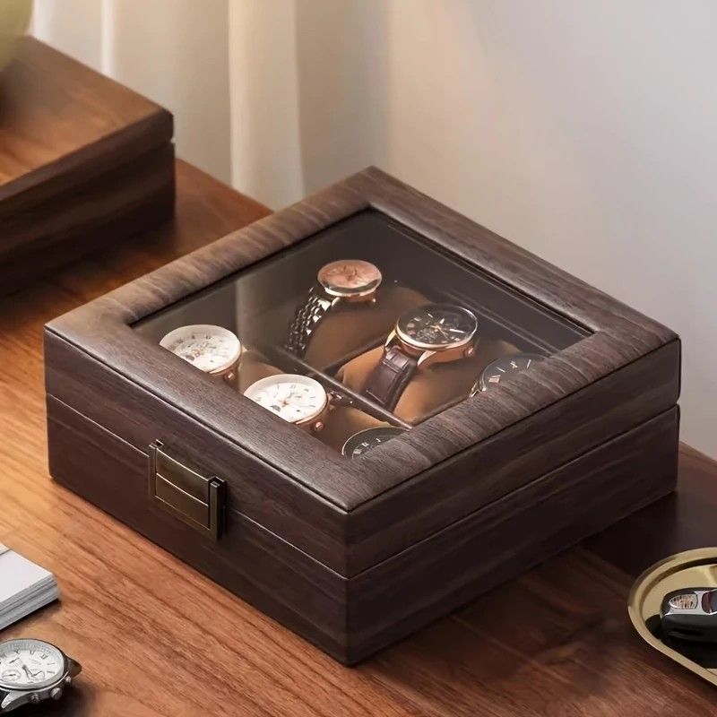 Wood Grain Faux Leather Watch Storage Box - 6-Compartment Dustproof Display Case, Soft Lined Interior, Hinged Flip-Top Lid, Suitable for Home and Retail Use, Decorative Storage Box - Image 7