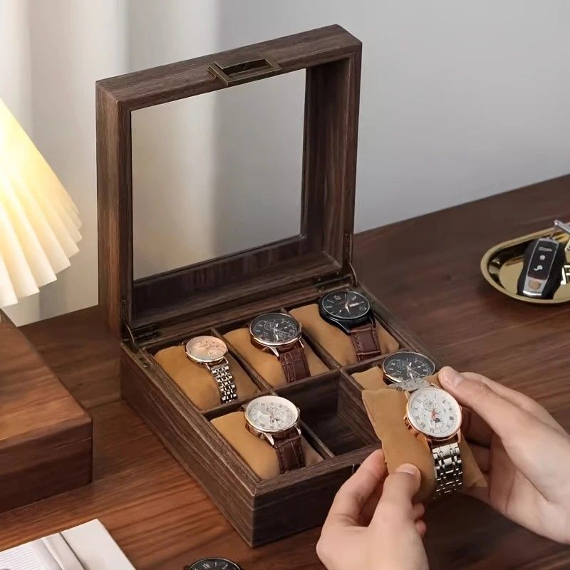 Wood Grain Faux Leather Watch Storage Box - 6-Compartment Dustproof Display Case, Soft Lined Interior, Hinged Flip-Top Lid, Suitable for Home and Retail Use, Decorative Storage Box - Image 8
