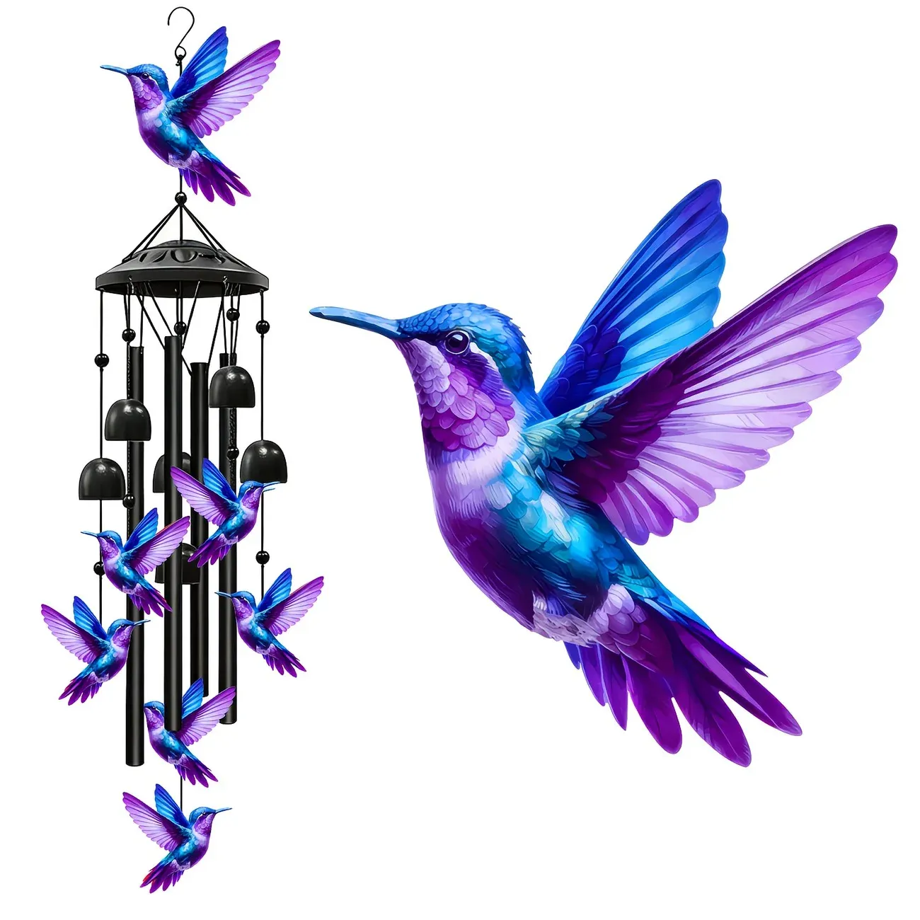 Hummingbird metal wind chime, 91cm high, brilliant blue-purple gradient, crisp and pleasant sound, adding a lively and romantic touch to courtyards and gardens. - Image 1