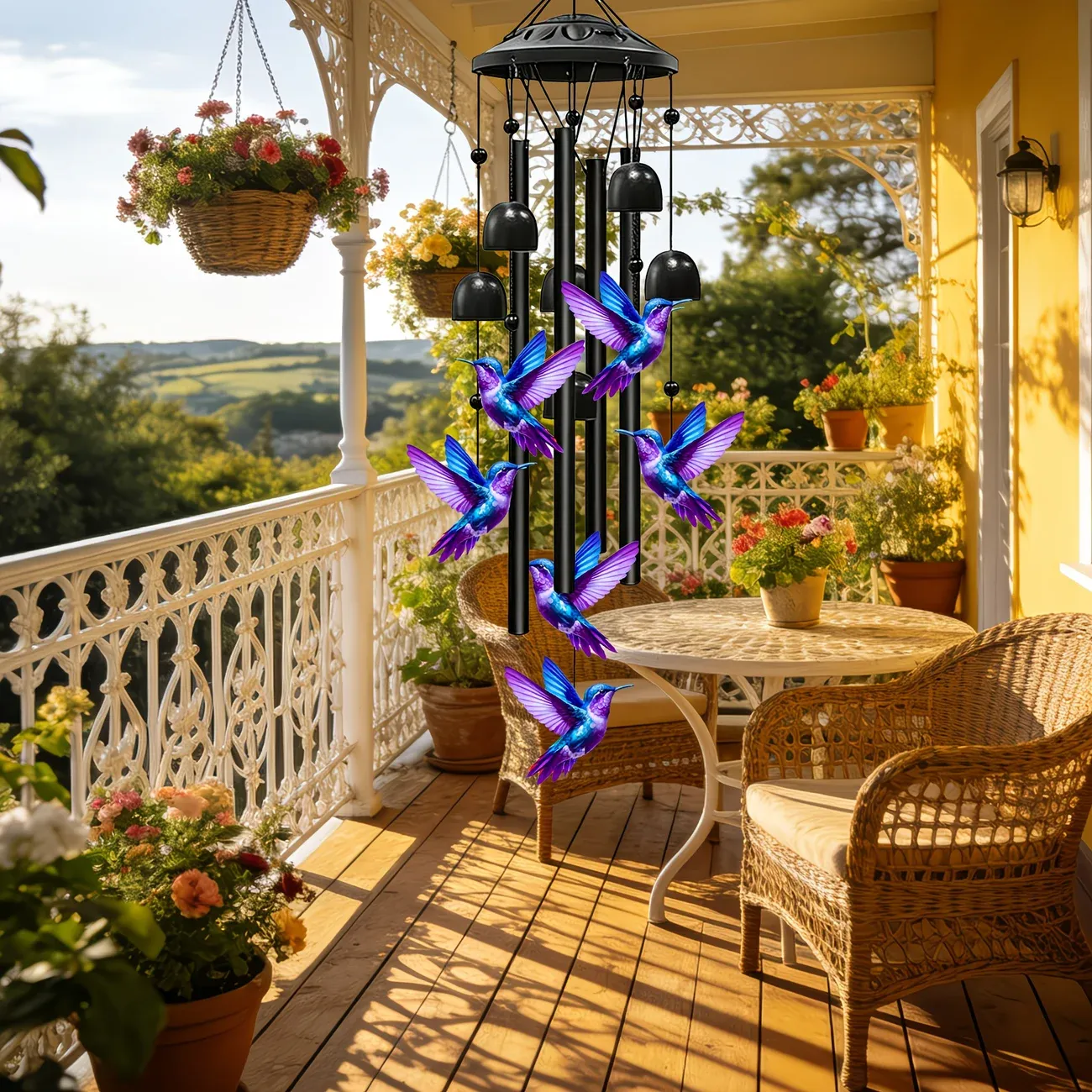 Hummingbird metal wind chime, 91cm high, brilliant blue-purple gradient, crisp and pleasant sound, adding a lively and romantic touch to courtyards and gardens. - Image 2