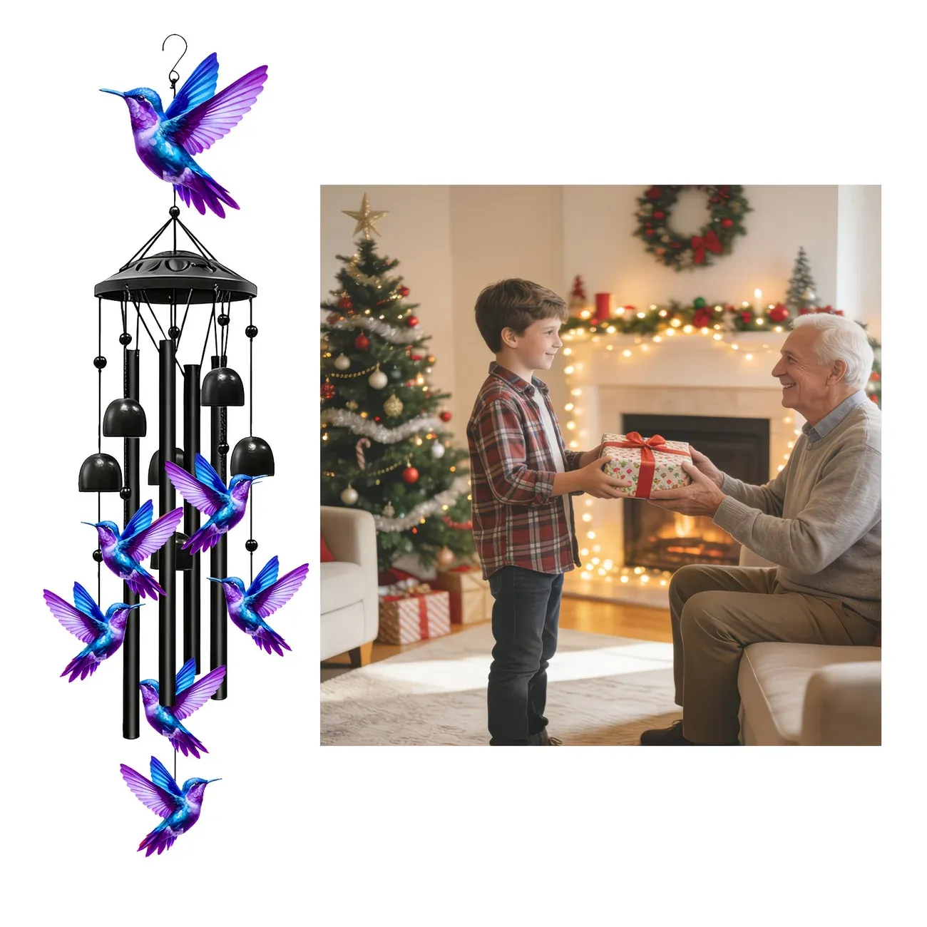 Hummingbird metal wind chime, 91cm high, brilliant blue-purple gradient, crisp and pleasant sound, adding a lively and romantic touch to courtyards and gardens. - Image 4