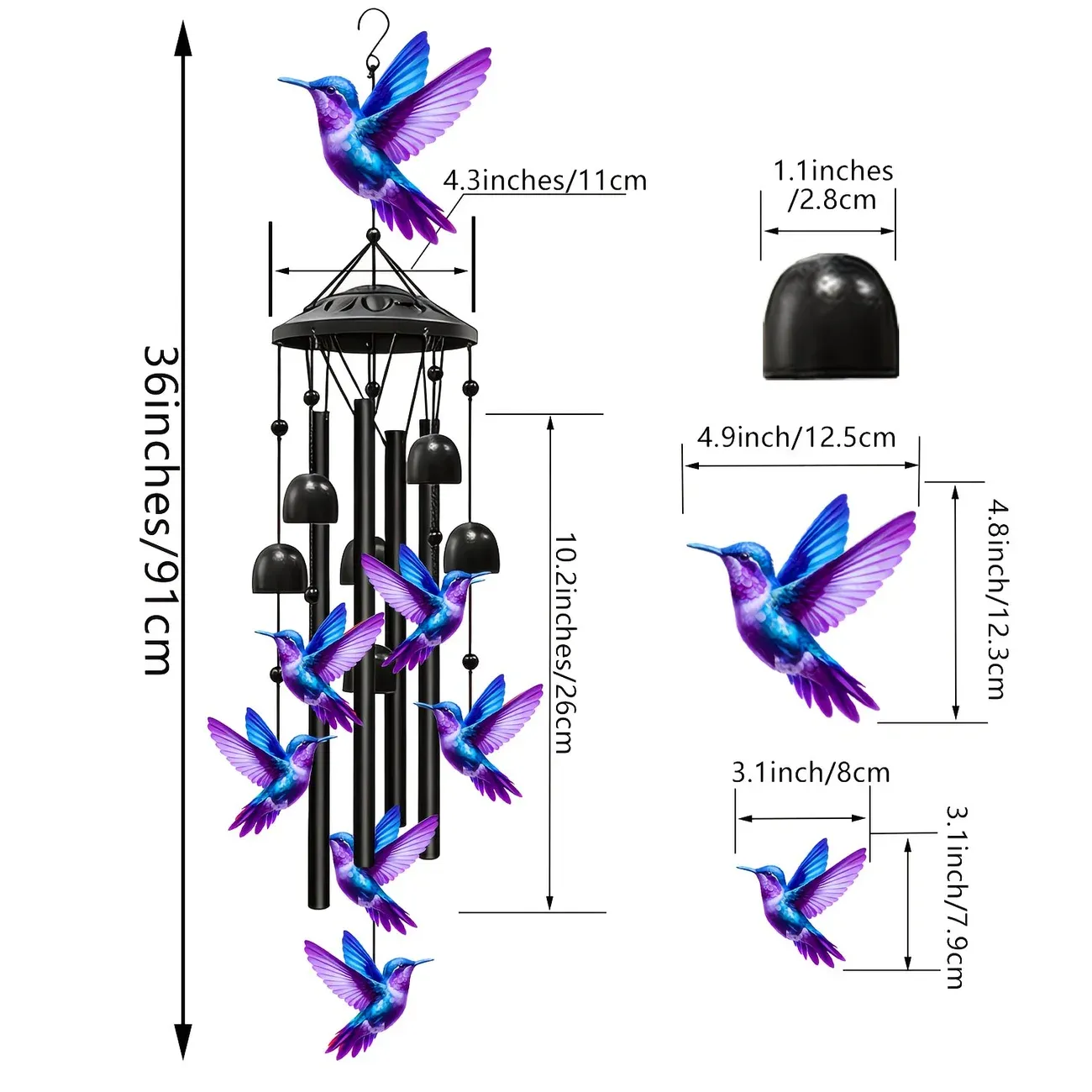 Hummingbird metal wind chime, 91cm high, brilliant blue-purple gradient, crisp and pleasant sound, adding a lively and romantic touch to courtyards and gardens. - Image 5
