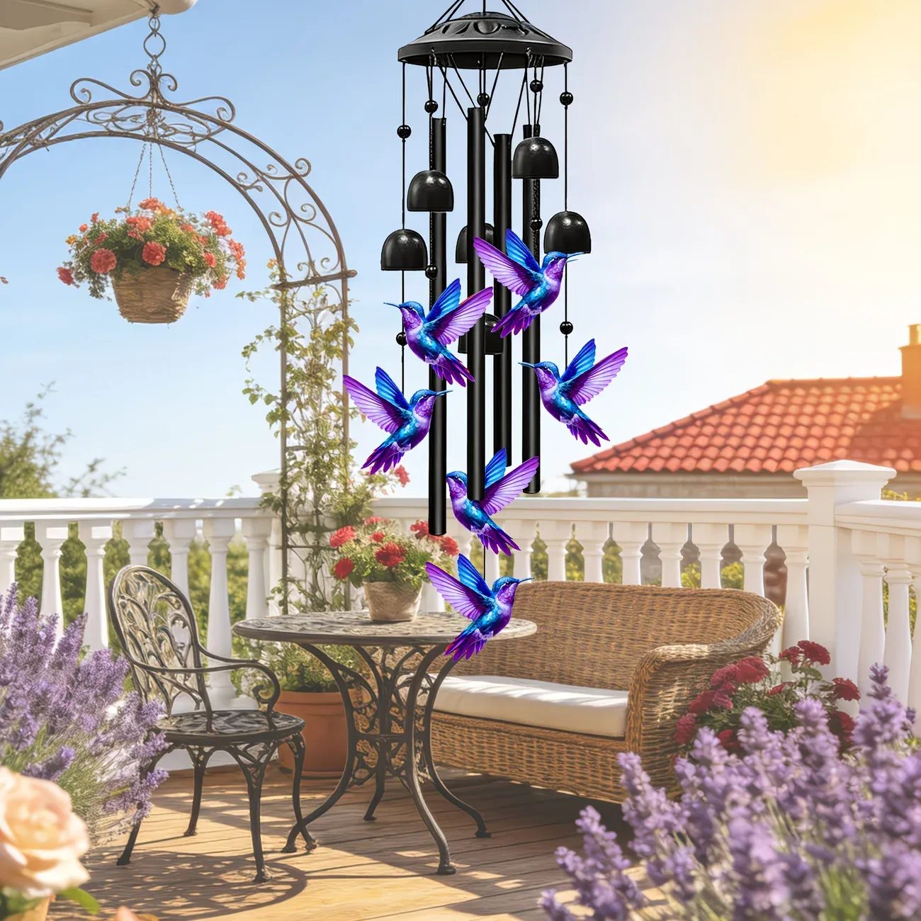 Hummingbird metal wind chime, 91cm high, brilliant blue-purple gradient, crisp and pleasant sound, adding a lively and romantic touch to courtyards and gardens. - Image 6