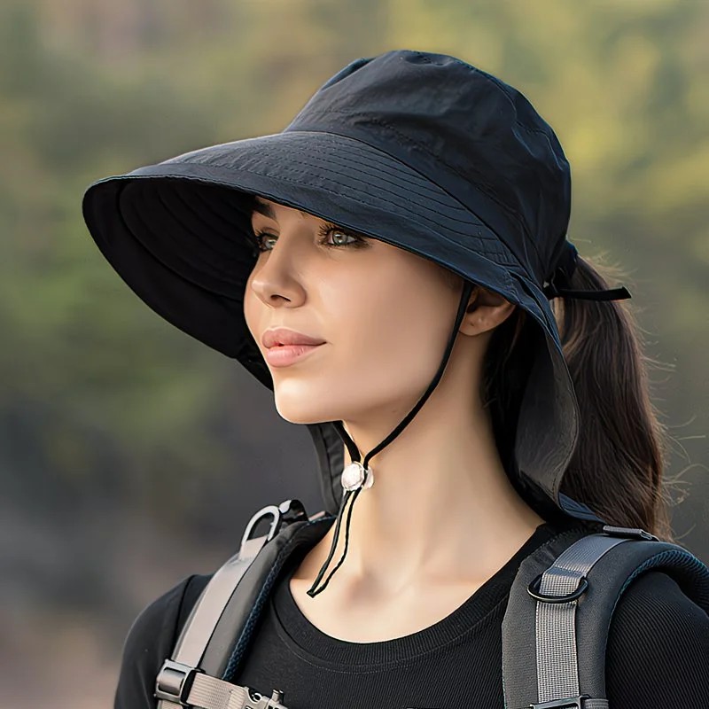 Black Fashion Wide Brim Sun Hat with Ponytail Hole - Bohemian Baseball Cap Design, Visor, Breathable Polyester - Image 1