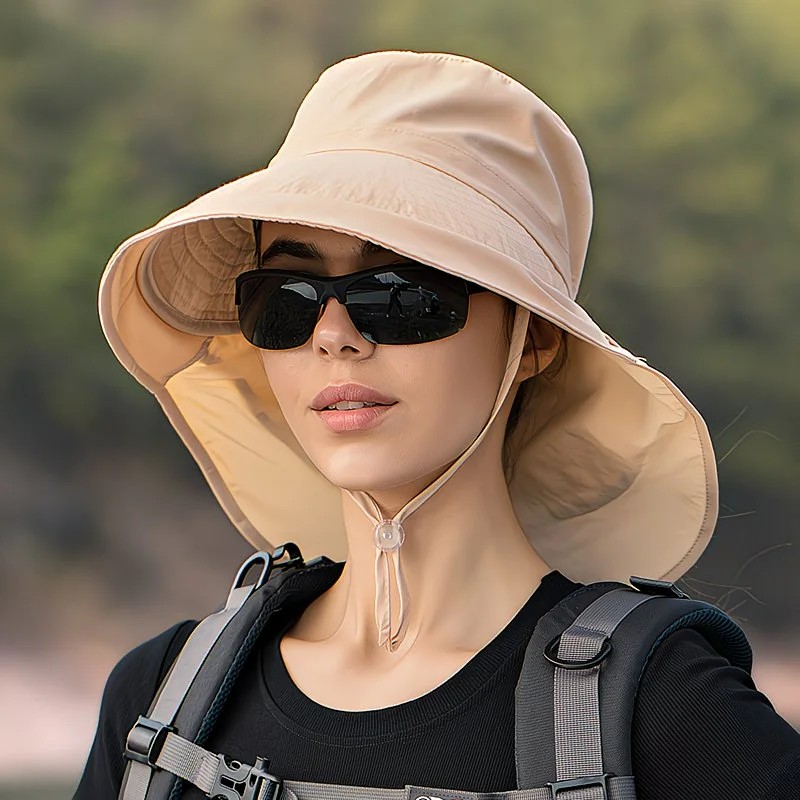 khaki Fashion Wide Brim Sun Hat with Ponytail Hole - Bohemian Baseball Cap Design, Visor, Breathable Polyester - Image 1