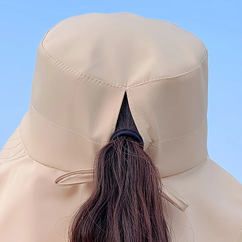 khaki Fashion Wide Brim Sun Hat with Ponytail Hole - Bohemian Baseball Cap Design, Visor, Breathable Polyester - Image 2